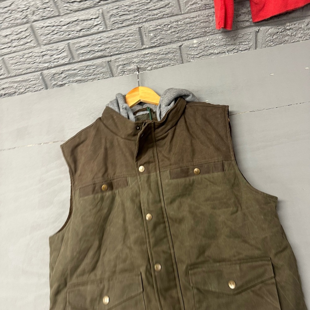Venado Mens Waxed Canvas Hooded Utility Vest Olive‎ Brown Large NWT